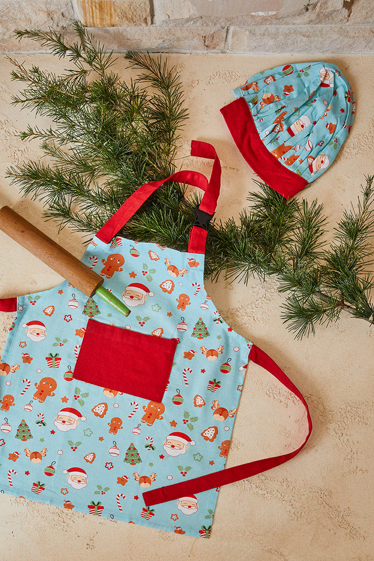Jolly Kids Christmas Apron & Cap Blue Multi