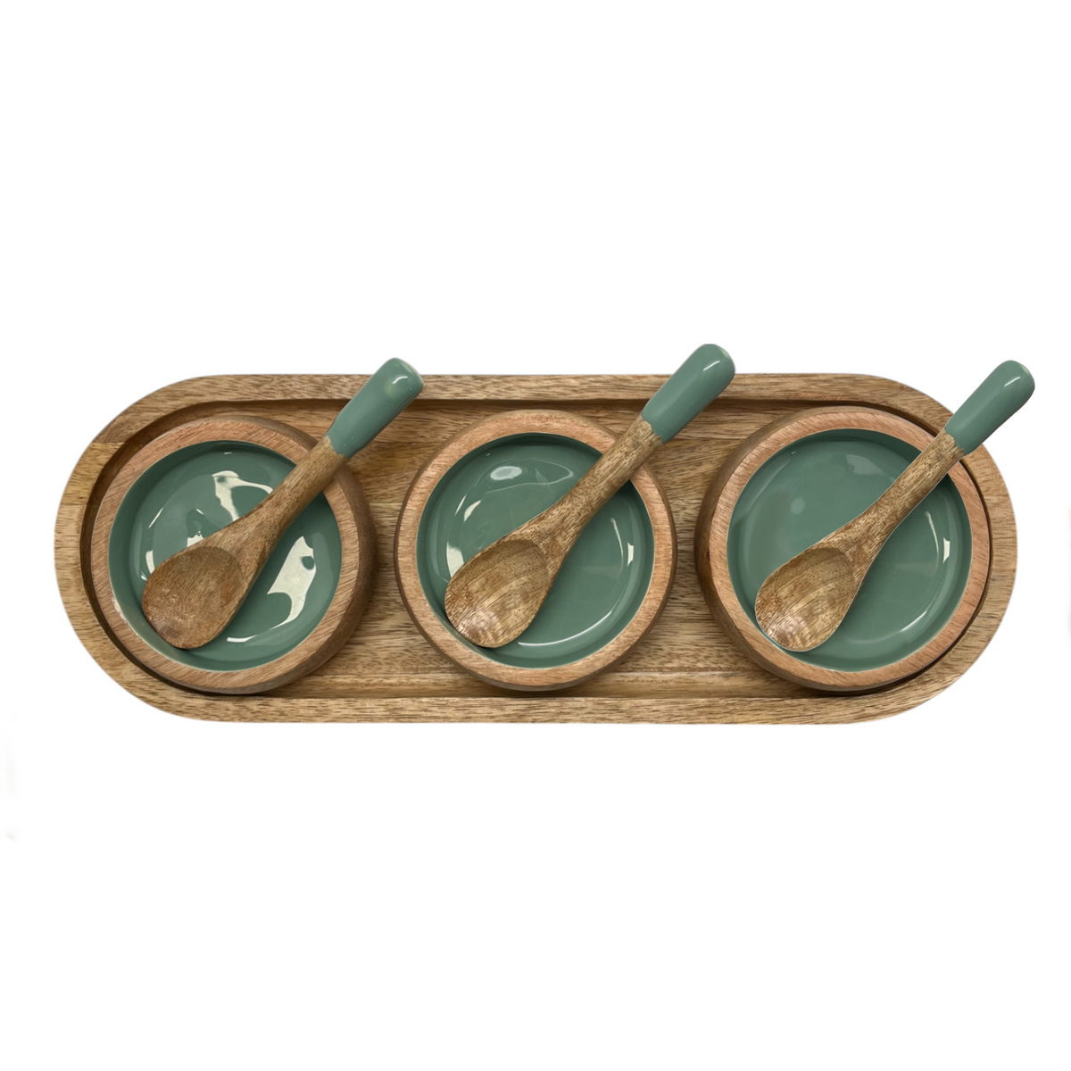 Corinne Serving Tray with Dip Bowls and Spoons 35.5x13x5cm Green & Natural