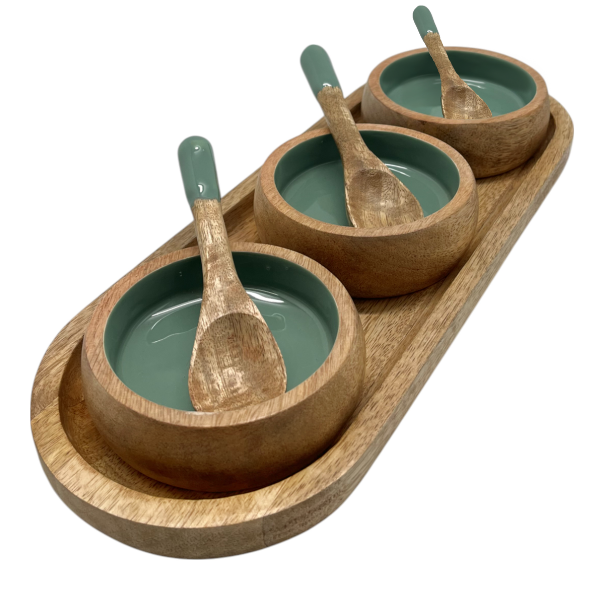 Corinne Serving Tray with Dip Bowls and Spoons 35.5x13x5cm Green & Natural